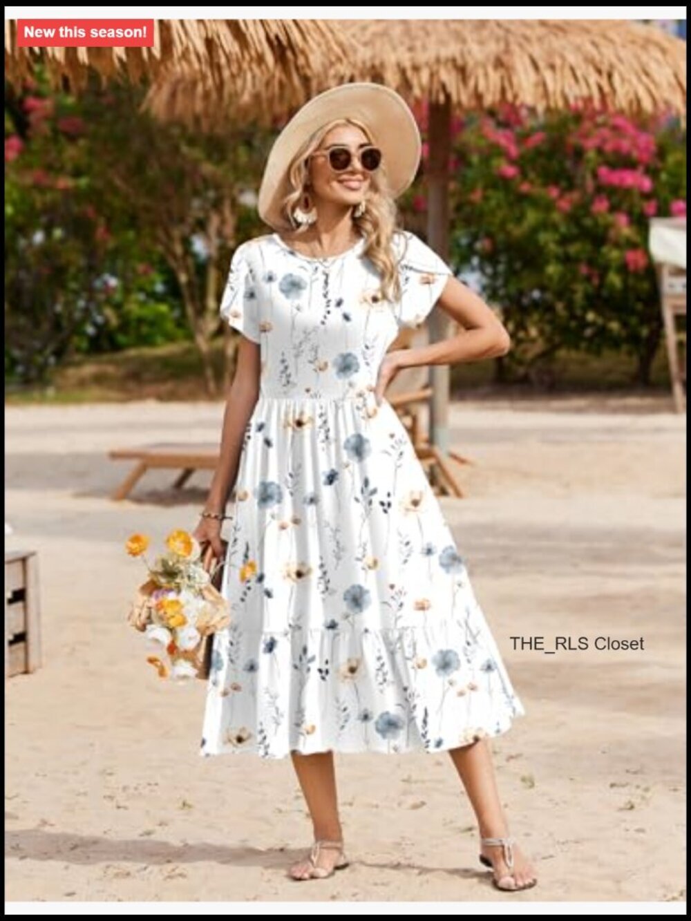 Summer Midi A Line Dress Short Sleeve Casual Flowy Tiered Beach Sundress with - Picture 5 of 7